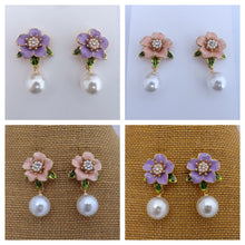Load image into Gallery viewer, Flower Stud Earrings with Round Faux Pearl Drop (Pink or Purple)