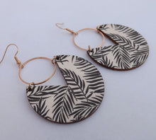 Load image into Gallery viewer, Black Leaves on Cream Wood & Gold Tone Drop Earrings