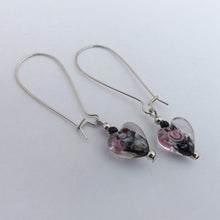 Load image into Gallery viewer, Black, Pink & Silver Floral Lamp Work Glass Heart Bead Earrings on Long Kidney Hooks