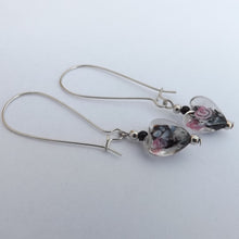 Load image into Gallery viewer, Black, Pink & Silver Floral Lamp Work Glass Heart Bead Earrings on Long Kidney Hooks