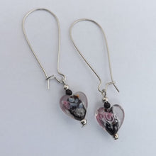Load image into Gallery viewer, Black, Pink & Silver Floral Lamp Work Glass Heart Bead Earrings on Long Kidney Hooks