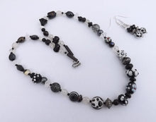 Load image into Gallery viewer, Black & White Handmade Lampwork Glass Bead Necklace & Earrings Set