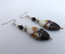 Load image into Gallery viewer, Black, White & Rose Gold Handmade Art Glass Bead Earrings