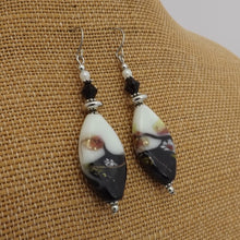 Load image into Gallery viewer, Black, White & Rose Gold Handmade Art Glass Bead Earrings