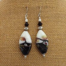 Load image into Gallery viewer, Black, White & Rose Gold Handmade Art Glass Bead Earrings