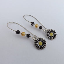 Load image into Gallery viewer, Black & Yellow Daisy Handmade Bead & Charm Drop Earrings on Long Kidney Hooks