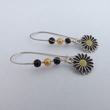 Load image into Gallery viewer, Black & Yellow Daisy Handmade Bead & Charm Drop Earrings on Long Kidney Hooks