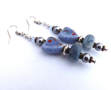 Load image into Gallery viewer, Blue Heart & Bead Handmade Drop Earrings