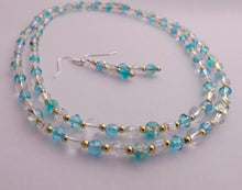 Load image into Gallery viewer, Blue, Clear & Gold Handmade Bead Necklace & Earrings Set