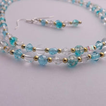 Load image into Gallery viewer, Blue, Clear & Gold Handmade Bead Necklace & Earrings Set