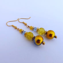 Load image into Gallery viewer, Blue & Gold Handmade Glass Bead Earrings