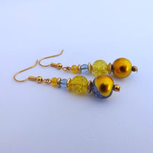 Load image into Gallery viewer, Blue & Gold Handmade Glass Bead Earrings