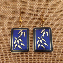 Load image into Gallery viewer, Blue & Gold Tone Ename Leaves Earrings