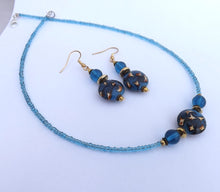 Load image into Gallery viewer, Blue & Gold Handmade Bead Necklace & Earrings Set