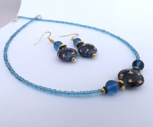 Load image into Gallery viewer, Blue & Gold Handmade Bead Necklace & Earrings Set
