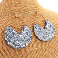 Load image into Gallery viewer, Blue & White, Wood & Gold Tone Earrings