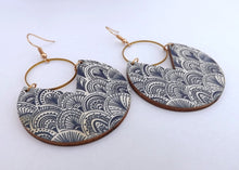 Load image into Gallery viewer, Blue & White, Wood & Gold Tone Earrings