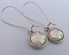 Load image into Gallery viewer, Clear Lustre Floral Dome Earrings, Long Kidney Hooks