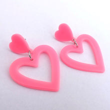 Load image into Gallery viewer, Fluorescent Pink Acrylic Heart Drop Earrings on Stud Setting