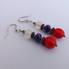 Load image into Gallery viewer, Red, Purple & Grey Handmade Glass Bead Earrings