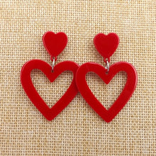 Load image into Gallery viewer, Fluorescent Pink Acrylic Heart Drop Earrings on Stud Setting
