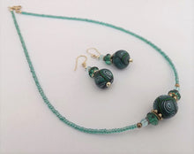 Load image into Gallery viewer, Dark Blue, Blue & Green Koru Kathryn Design Handmade Beads Necklace & Earrings Set