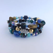 Load image into Gallery viewer, Dark Blue, Teal & Bronze Handmade Memory Wire Bead Bracelet