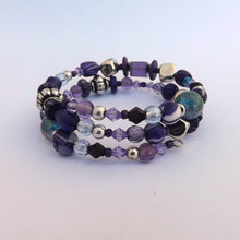 Load image into Gallery viewer, Dark Purple & Silver Handmade Memory Wire Bead Bracelet