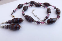 Load image into Gallery viewer, Dark Red & Purple Glitter Lamp Work Bead Handmade Necklace & Earrings Set