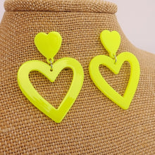Load image into Gallery viewer, Fluorescent Pink Acrylic Heart Drop Earrings on Stud Setting