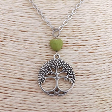 Load image into Gallery viewer, Green Heart Bead & Silver Tone Tree of Life Pendant Necklace