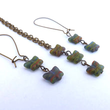 Load image into Gallery viewer, Green, Blue & Orange Glass Butterfly Beads Pendant Necklace & Earrings Set