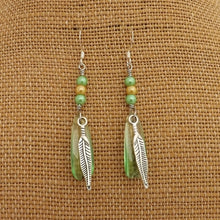 Load image into Gallery viewer, Green & Silver Tone Feather & Bead Handmade Earrings