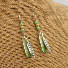 Load image into Gallery viewer, Green & Silver Tone Feather & Bead Handmade Earrings