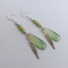 Load image into Gallery viewer, Green & Silver Tone Feather & Bead Handmade Earrings