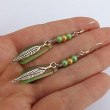Load image into Gallery viewer, Green & Silver Tone Feather & Bead Handmade Earrings