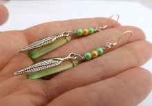 Load image into Gallery viewer, Green & Silver Tone Feather & Bead Handmade Earrings