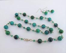 Load image into Gallery viewer, Green, Teal & Silver Tone Handmade Bead & Chain Link Necklace & Matching Earrings