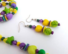 Load image into Gallery viewer, Green, Yellow & Purple Acrylic Bead Necklace, Bracelet & Earrings Set