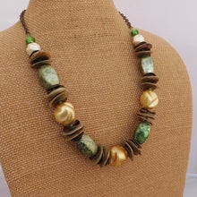 Load image into Gallery viewer, Green, Yellow, Shell & Bronze Handmade Bead & Chain Necklace