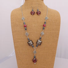 Load image into Gallery viewer, Grey, Pink & Silver Tone Handmade Floral & Heart Bead Necklace & Earrings Set