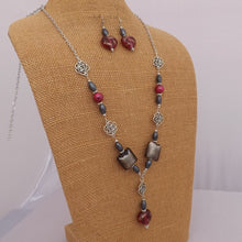 Load image into Gallery viewer, Grey, Pink & Silver Tone Handmade Floral & Heart Bead Necklace & Earrings Set