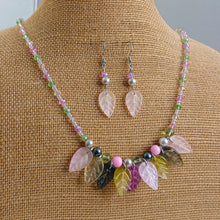 Load image into Gallery viewer, Handmade Pink, Green & Grey Leaf Bead Necklace & Earrings Set