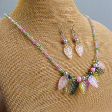 Load image into Gallery viewer, Handmade Pink, Green & Grey Leaf Bead Necklace & Earrings Set