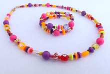 Load image into Gallery viewer, Handmade Pink, Purple, Orange & Yellow Memory Wire Bead Necklace & Bracelet Set