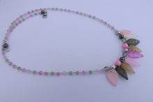 Load image into Gallery viewer, Handmade Pink, Green & Grey Leaf Bead Necklace & Earrings Set