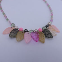 Load image into Gallery viewer, Handmade Pink, Green & Grey Leaf Bead Necklace & Earrings Set
