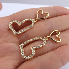Load image into Gallery viewer, Heart Earrings Gold Tone & Diamante