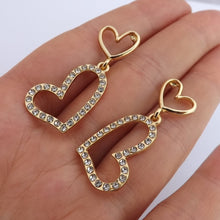 Load image into Gallery viewer, Heart Earrings Gold Tone & Diamante