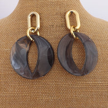 Load image into Gallery viewer, Large Grey Acrylic & Gold Tone Drop Earrings